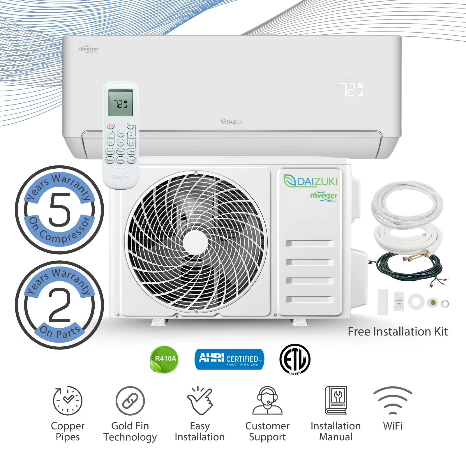 Daizuki® 12,000 BTU 22 SEER2 Ductless Mini-Split Inverter+ Air Conditioner Heat Pump System Full Set 110V. WIFI Included.
