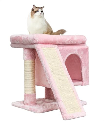 SYANDLVY Small Cat Tree for Indoor Large Cats, Kittens Condo with Scratching Post and Board, Modern Activity Tower with Cave (Beige)