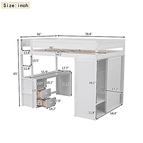 Wood Full Size Loft Bed with Wardrobes 2-Drawer Desk and Storage Cabinet,Bedroom Wood Bed Frame W/ 2 Drawers,No Box Spring Required,for Kids Teens Girls Boys,White