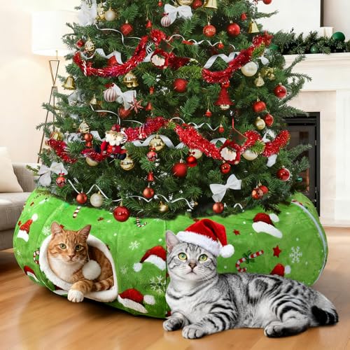 Christmas Cat Tunnel Tree Skirt – Warm Flannel Donut Tunnel Bed with Soft Cushion & Hanging Ball Toy, Peekaboo Cat Cave Under Tree for Indoor Cats to Prevent Christmas Tree Falling, Festive Green