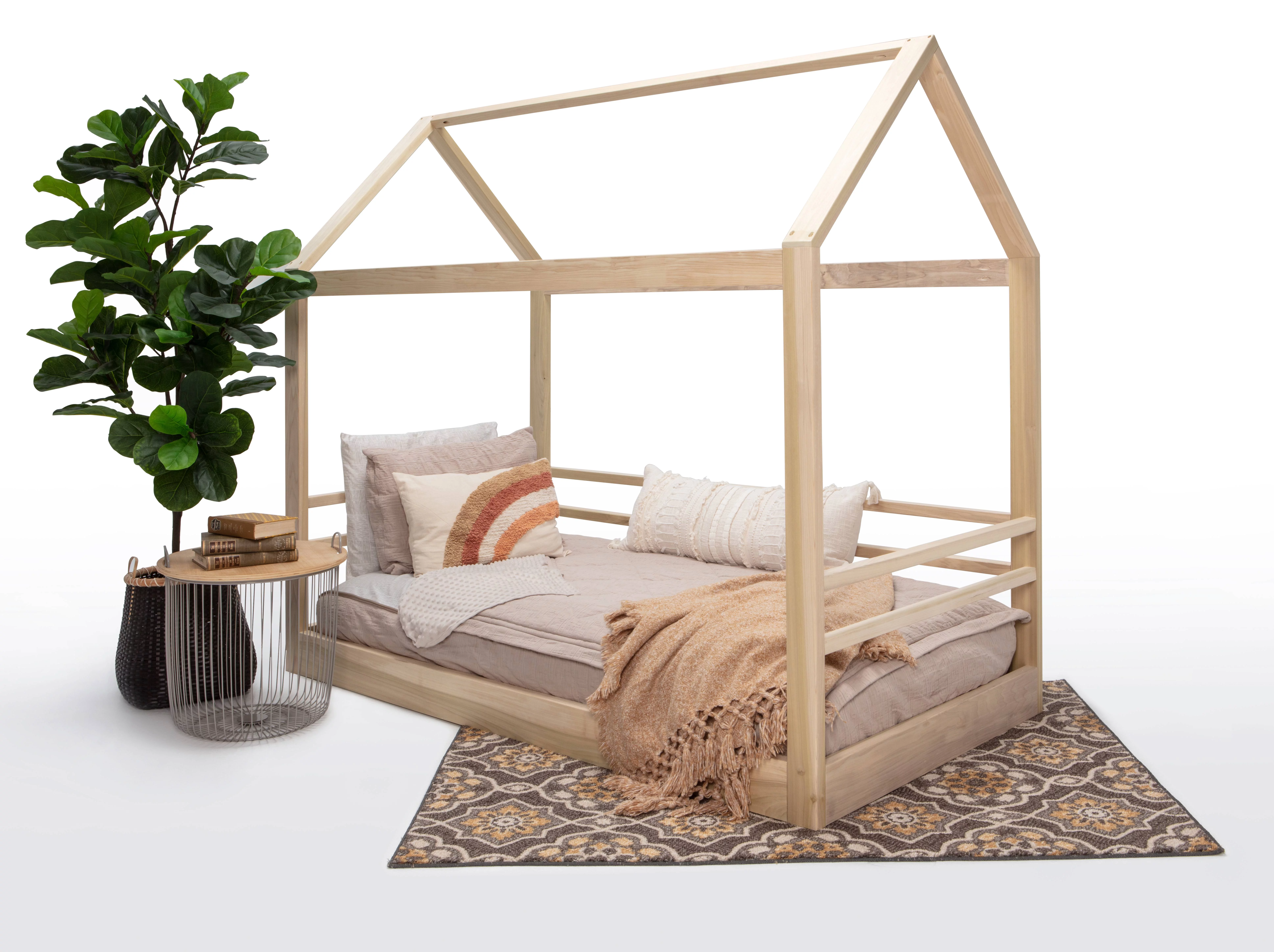 American Furniture Classics TWIN S 2R3S House Bed on Raised Platform with Side Rails on Three Sides, Natural - Twin Size