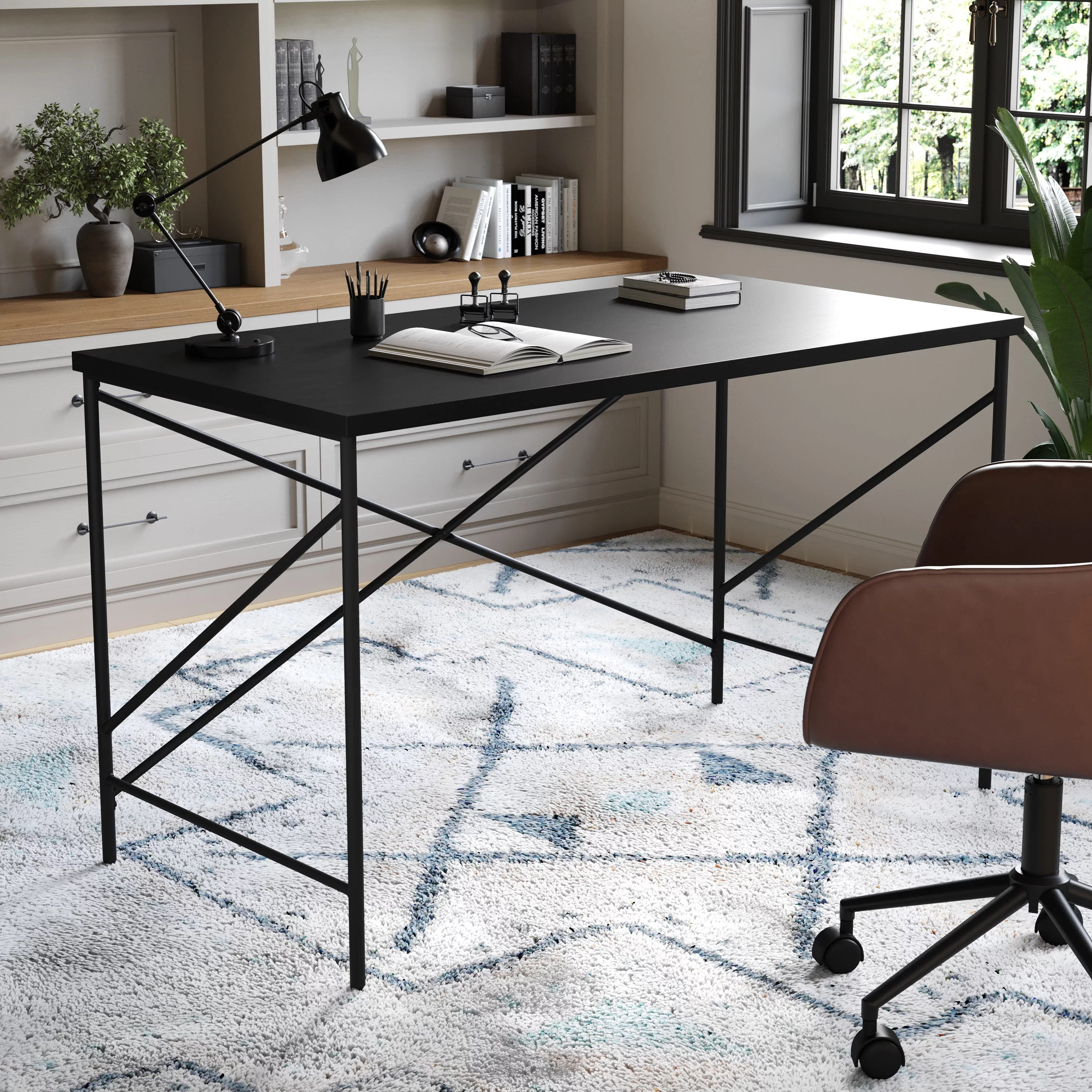 Martha Stewart Maddox Home Office Parsons Desk in Black Wood Grain with Oil Rubbed Bronze Metal X-Frame
