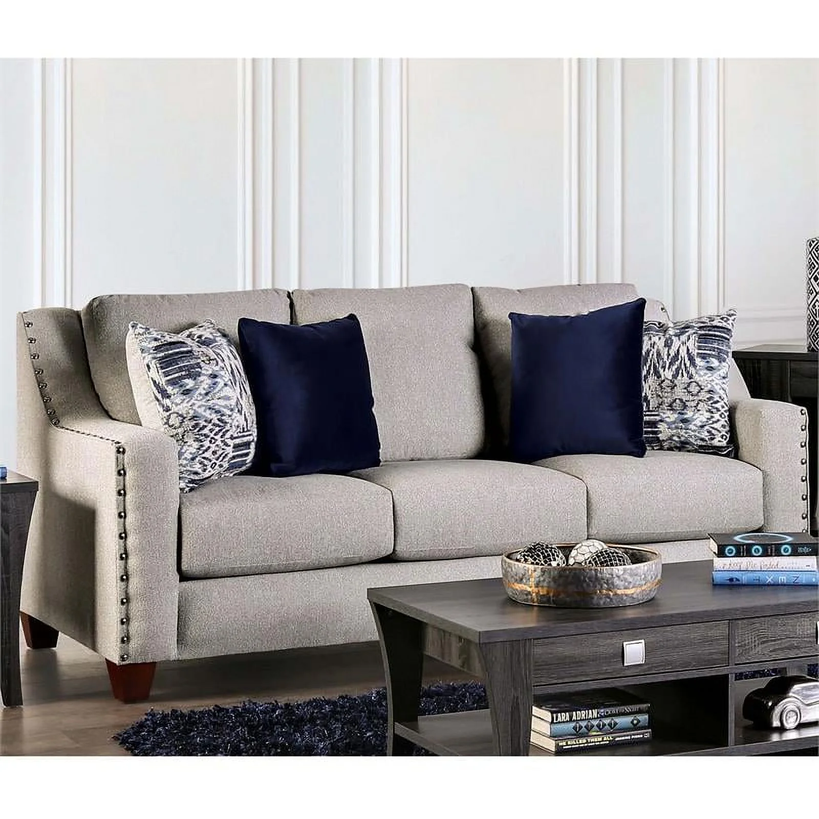 Furniture of America Brill Transitional Fabric Nailhead Sofa in Light Gray