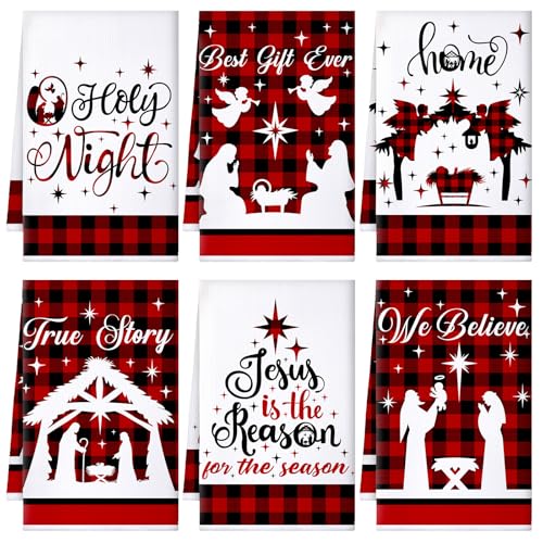Bencailor 11 Pcs Christmas Kitchen Towels and Spoons Set 6 Christmas Dish Towels 5 Wooden Spoons Housewarming Gifts for Xmas Kitchen Bathroom Home Decor(Festive Color,Christmas Tree Style)