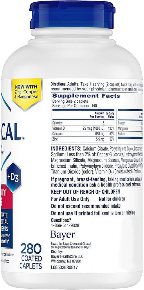 Maximum Plus Citracal, Highly Soluble, Easily Digested, 630 mg Calcium Citrate with 1000 IU Vitamin D3, Bone Health Supplement for Adults, Caplets, 280 Count (Pack of 1)