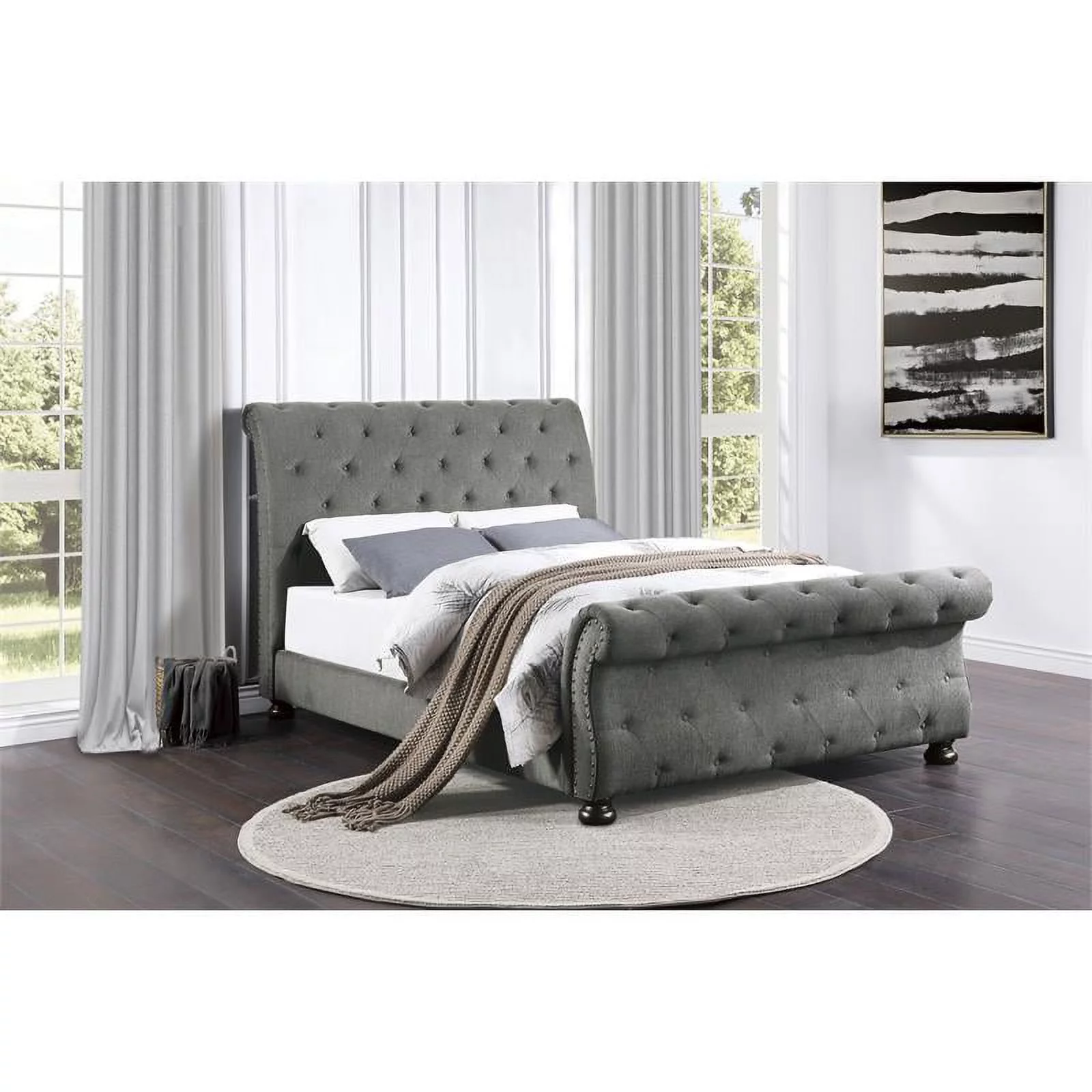 Lexicon Crofton Classic Wood Tufted Sleigh Bed, Queen, Dark Gray
