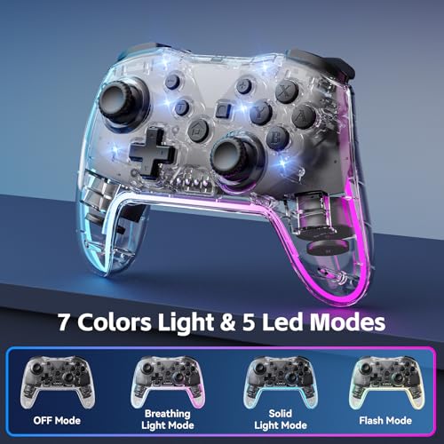 Wireless Controller for Switch/Lite/OLED/PC/Android/iOS - Ergonomic Gamepad with 7 Color RGB Lighting, Turbo/Vibration Adjustment & One-Key Wake-Up Function
