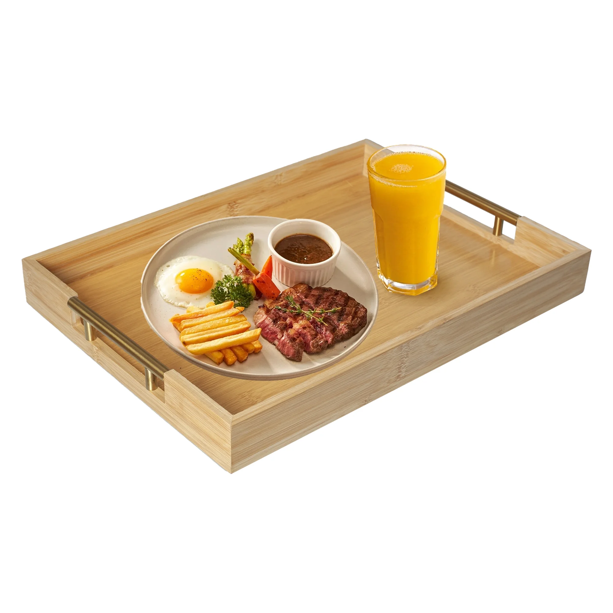 MinBoo Modern Bamboo Serving Trays with Metal Handles – Wooden Ottoman Trays for Entertaining & Serving Food - Natural Color