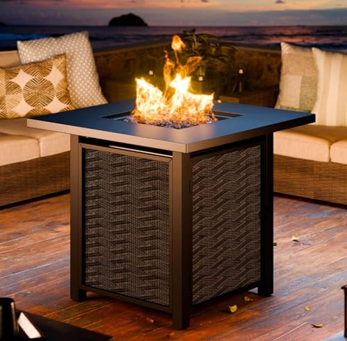 JAMFLY 28 Inch Propane Fire Pit Table Outdoor Gas Fire Pit, 50,000 BTU Square Fire Table with Lava Rocks and Lid, 2-in-1 Fire Table for Outside Patio, Backyard, Garden