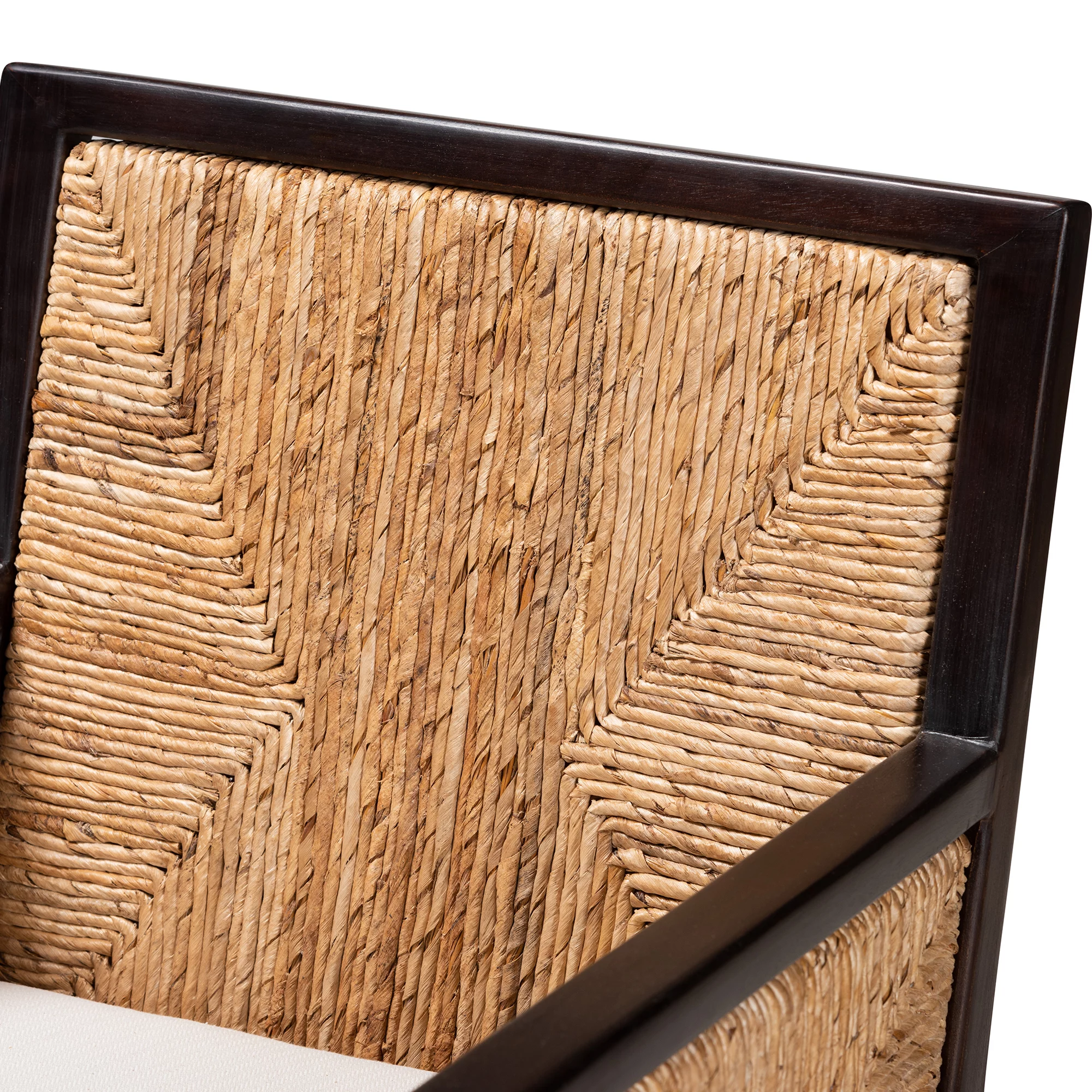 bali & pari Joana Modern Bohemian Dark Brown Mahogany Wood and Natural Abaca Dining Arm Chair