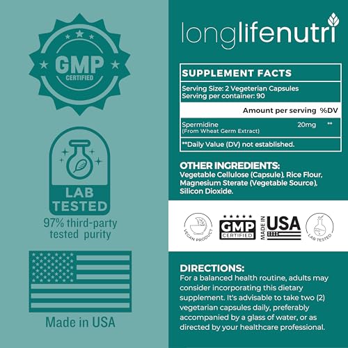 Spermidine 20mg, Supports Cellular Health & Brain Function - 180 Count, 2 Serving Size, Vegan Capsules, Wheat Germ Extract, Naturally Support Wellness, Lab Tested, Crafted in USA