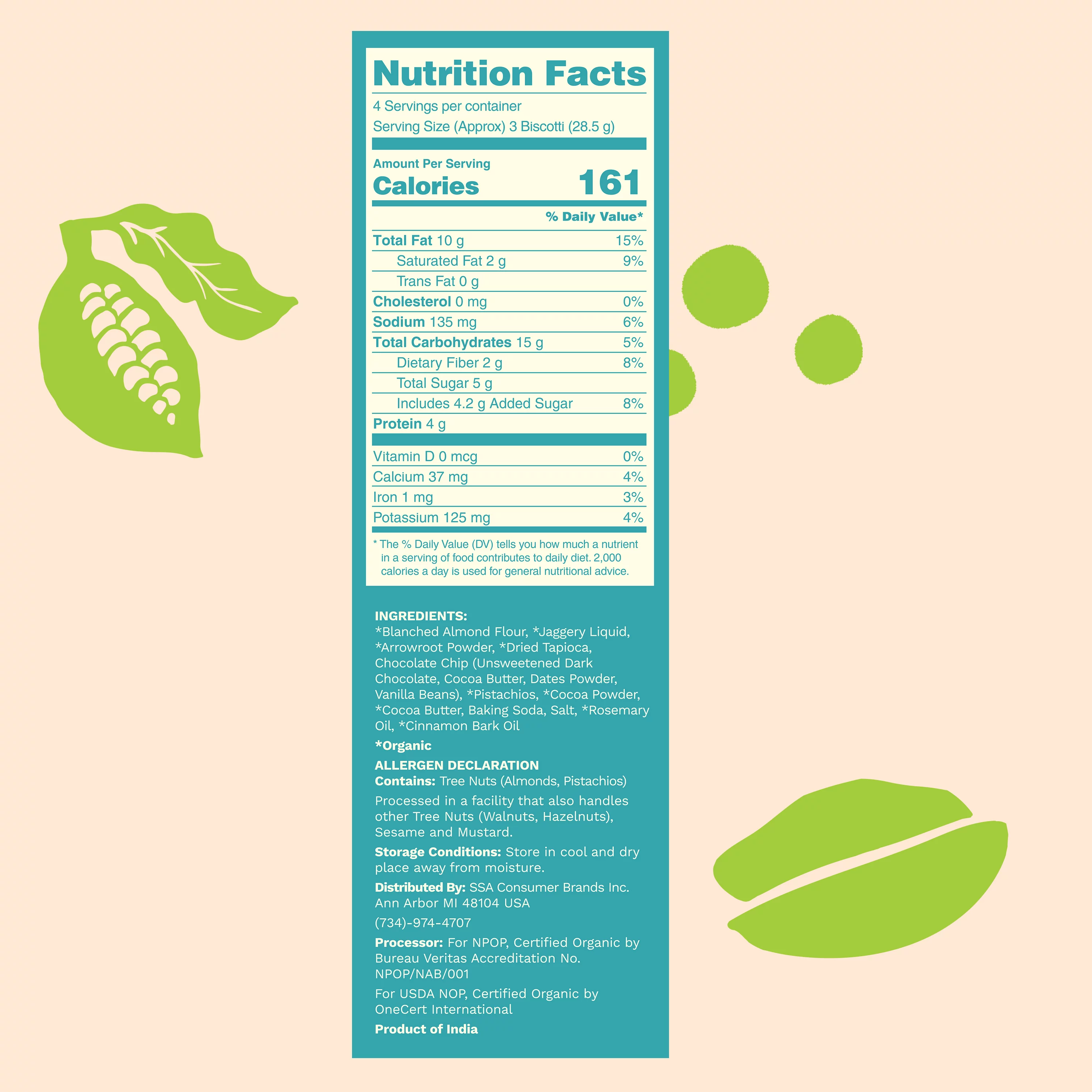 The Greater Goods Snacking Co., Gluten Free Double Dark Chocolate Pistachio Biscotti Cookies, 4oz, 6 Boxes