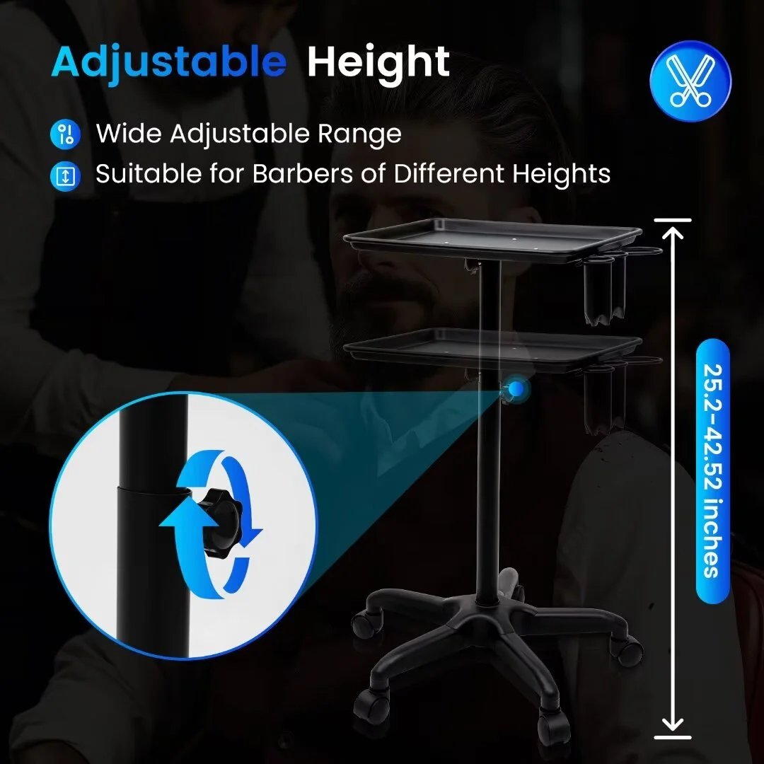 MIDUO Movable Salon Spa Rolling Service Tray, Hairdressing Tool Cart, Aluminum Alloy Tattoo Workstation Stand, Portable Desk Table w/ Wheels Adjustable Height 70-110cm/28-43inch (Black)