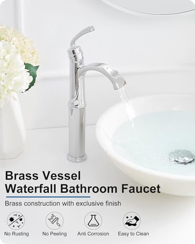 Vessel Sink Faucet, Oil Rubbed Bronze Waterfall Bathroom Sink Faucets, Brass Tall Bathroom Faucet Vanity Faucet 1 Hole Restroom Faucet Single Handle with Pop-up Drain Supply Hose