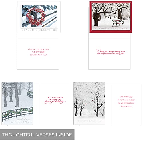 Masterpiece Holiday Greetings Trimmed In Scarlet Christmas Cards / 16 Boxed Snowy Cardinal Wreath Holiday Cards With Silver Foil Lined Envelopes / 5 5/8