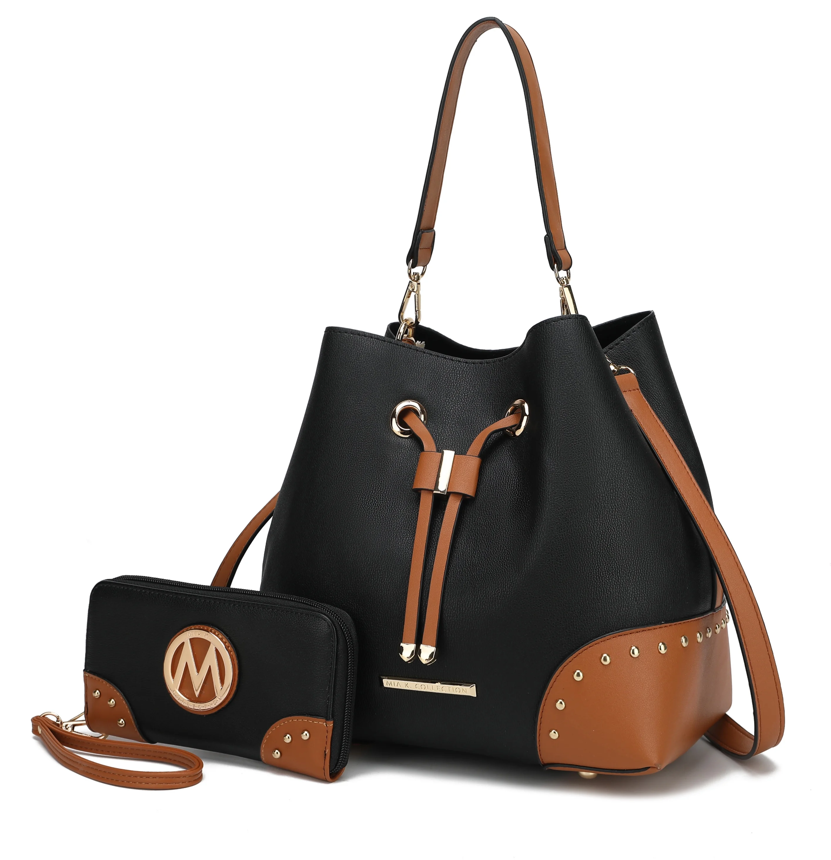 MKF Collection Callise Vegan Leather Women's Bucket Bag & Wristlet Wallet 2-Piece Set by Mia K. - Black Cognac