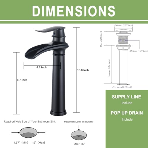 Bathroom Vessel Sink Faucet, Waterfall Oil Rubbed Bronze Bathroom Faucet, Vessel Faucet, Tall Body 1 Hole Single Handle with Pop Up Drain Combo Vanity Mixer Tap Basin Bowl Sink