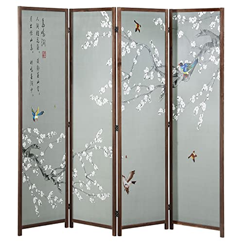MyGift 4-Panel Asian-Inspired Folding Room Divider with Cherry Blossom Tree & Bird Design Poetry Calligraphy and Brown Wooden Frame 78''W x 70.5''H(6FT)