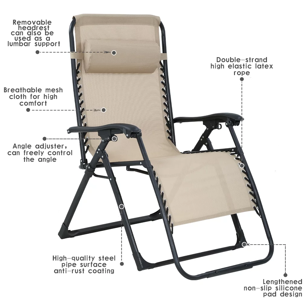 Zero Gravity Chair Oversized Patio Chair, 330lbs Weight Capacity Outdoor Folding Chair Lounge Recliner Chair Camping Chair with Cup Holder Tray and Pillows for Pool Deck Camping, Tan
