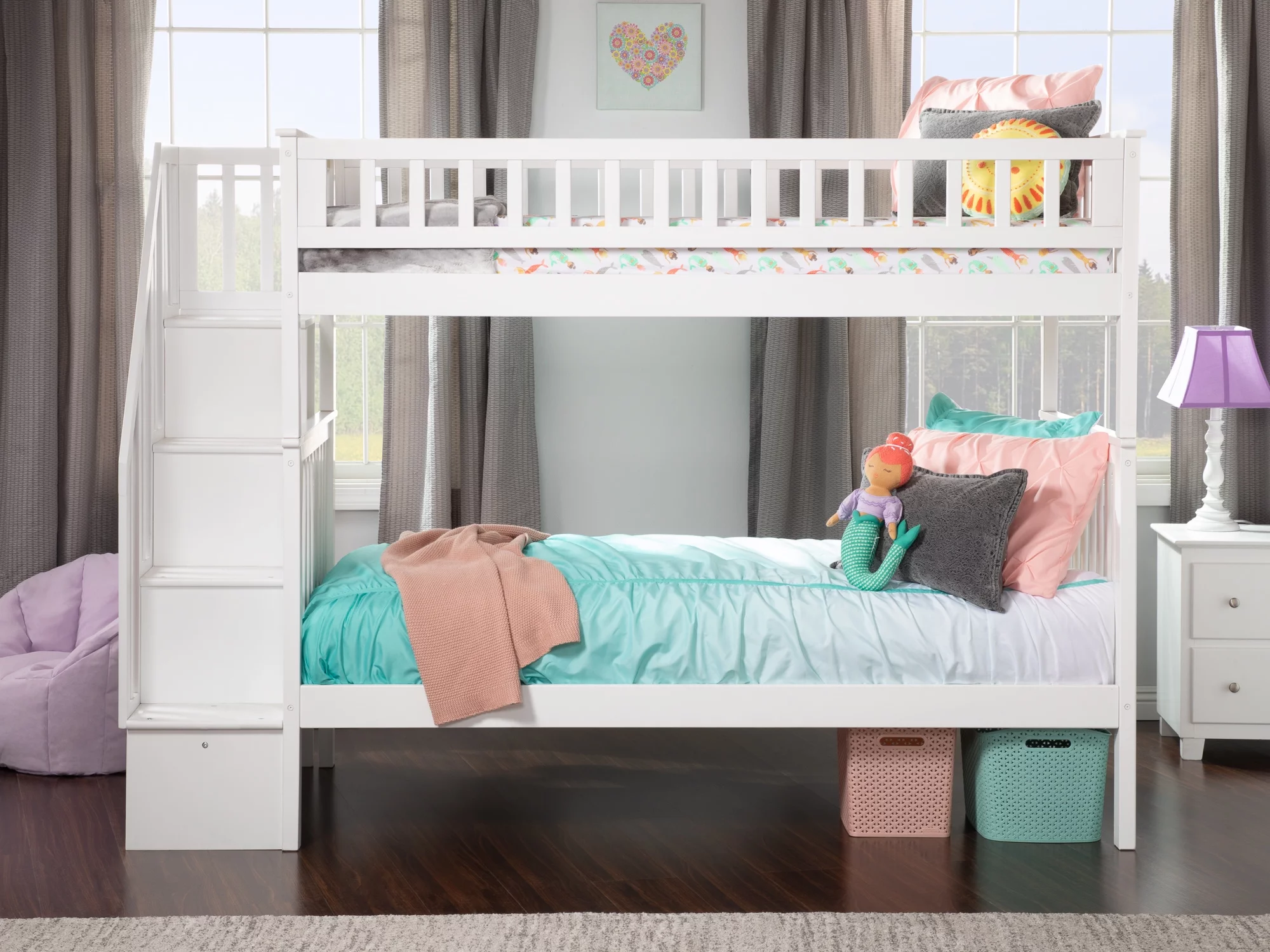 AFI Woodland Twin Over Twin Solid Wood Staircase Bunk Bed in White