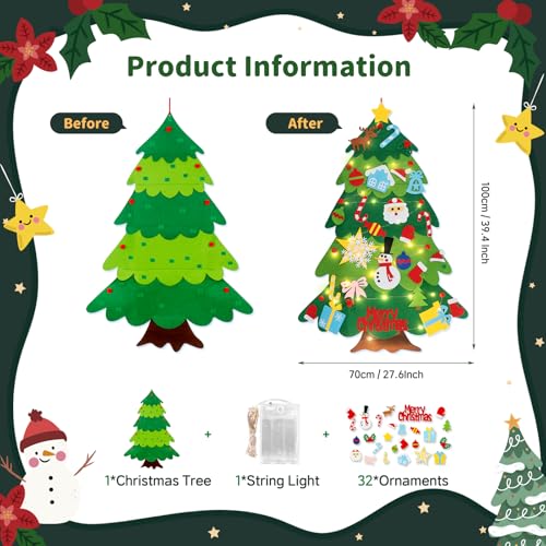 3.3FT Montessori Felt Christmas Tree for Toddlers, DIY Wall Christmas Tree with 32 Ornaments and String Lights, Indoor Xmas Decorations Party Supplies Felt Craft Kits Home Decor Kids Gifts