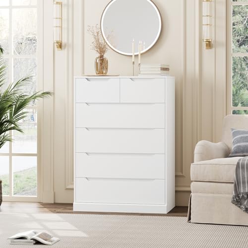 HOSTACK Modern 6 Drawer Dresser for Bedroom, Tall Chest of Drawers with Storage, Large Wood Storage Chest Organizer with Cut-Out Handle, Accent Storage Cabinet for Living Room, Entryway, Classic White