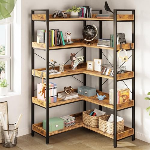 Rolanstar Bookshelf 5 Tier with 4 Hooks, Reversible Corner Bookshelf, 65