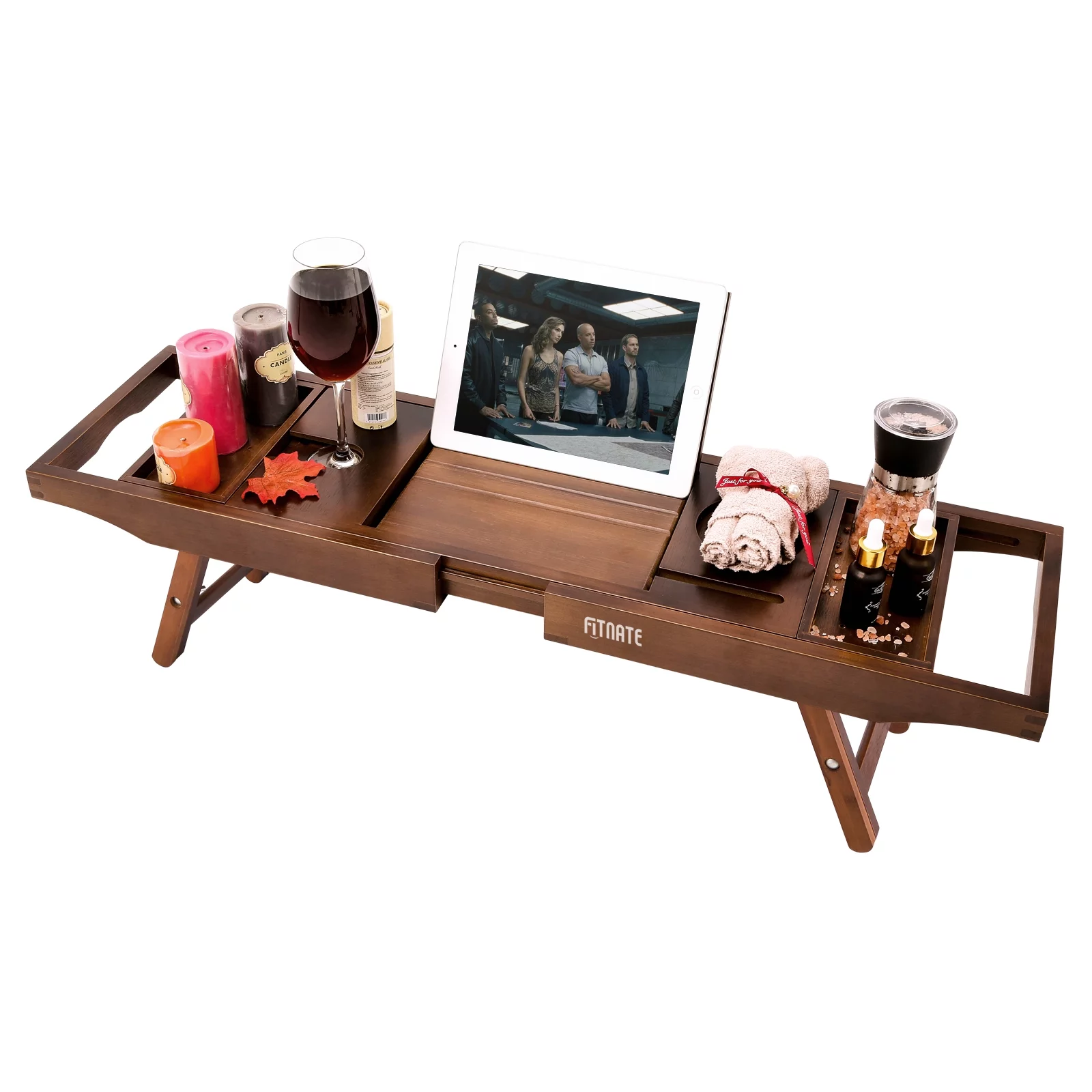 Wooden Over Bathtub Caddy Tray Expandable Bamboo Wine Glass Organizer Tray Holder