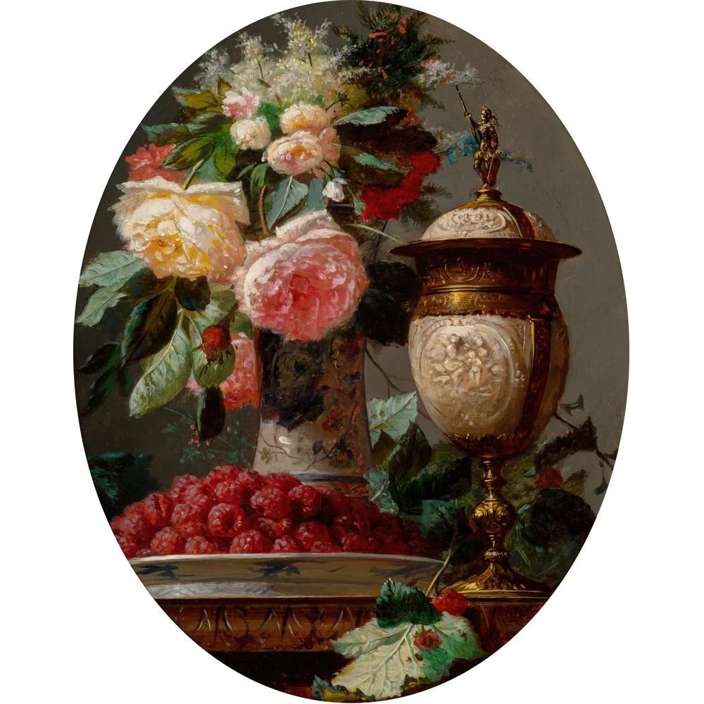 Jean-Baptiste Robie 12x14 Gold Ornate Wood Frame and Double Matted Museum Art Print Titled - Still Life with Roses and a Bowl of Raspberries with a Silver-Gilt Ostrich Egg Cup