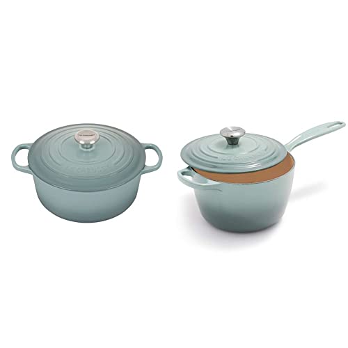 Le Creuset Enameled Cast Iron Signature Round Dutch Oven with Lid, 5.5 Quart, Sea Salt & Signature Saucepan - Sea Salt