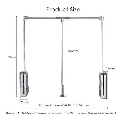 Pull Down Closet Rod,Organizer Storage Rack Lift Buffer,Extendable Adjustable Width Space Saving Wardrobe Hanger,for Wardrobe Closet Cloakroom Cupboard(Silver)