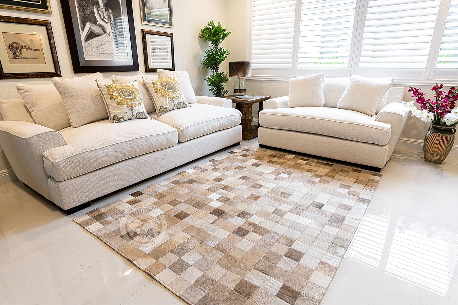 Sunshine Cowhides 100% Genuine Patchwork Cowhide Rug - Taupe-Champagne, Mosaic Design, Modern Animal Hide Rugs for Living Room, Office or Kitchen Area - Decorative Indoor Carpet - Medium (4x6 Ft.)