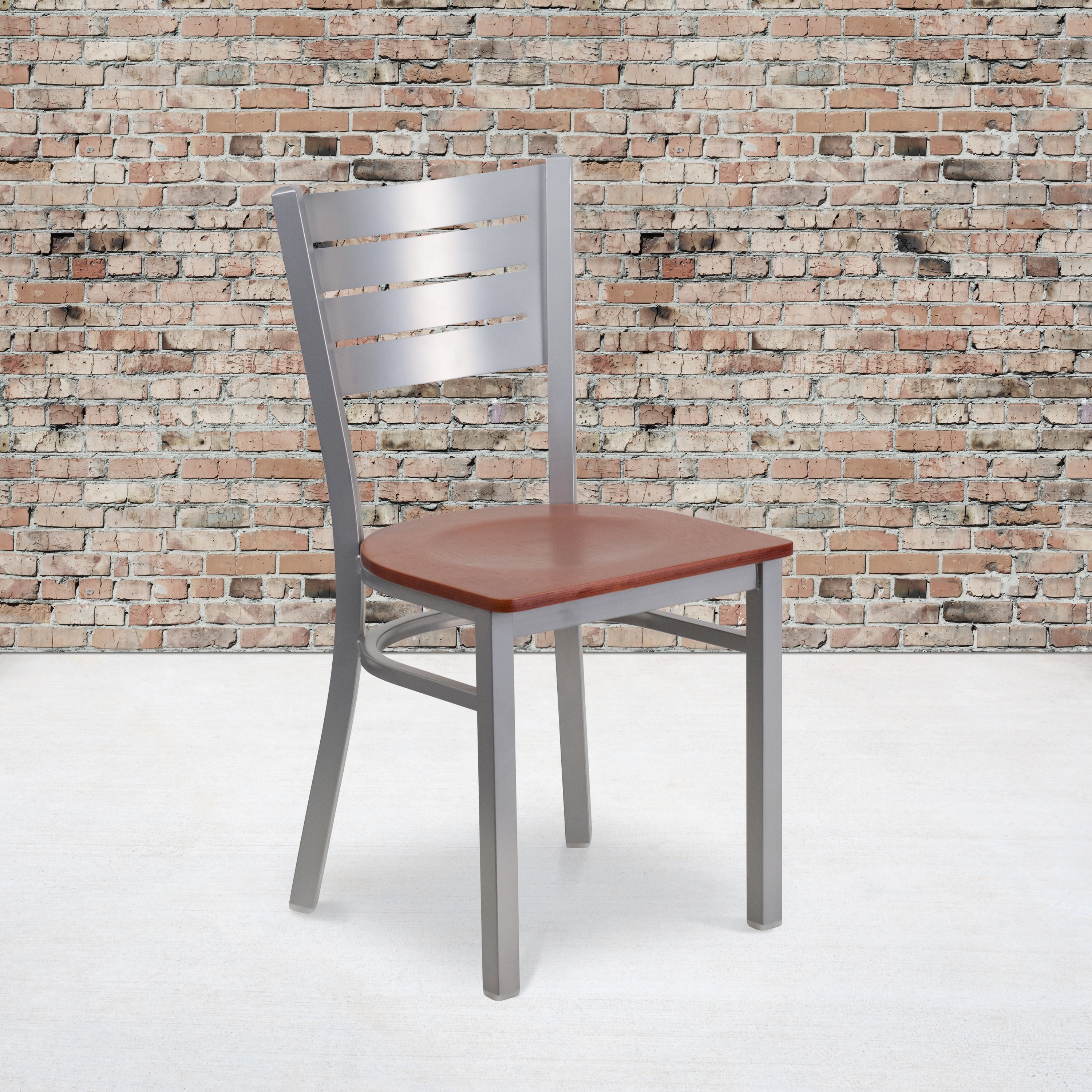 Emma + Oliver Silver Slat Back Metal Restaurant Chair - Cherry Wood Seat