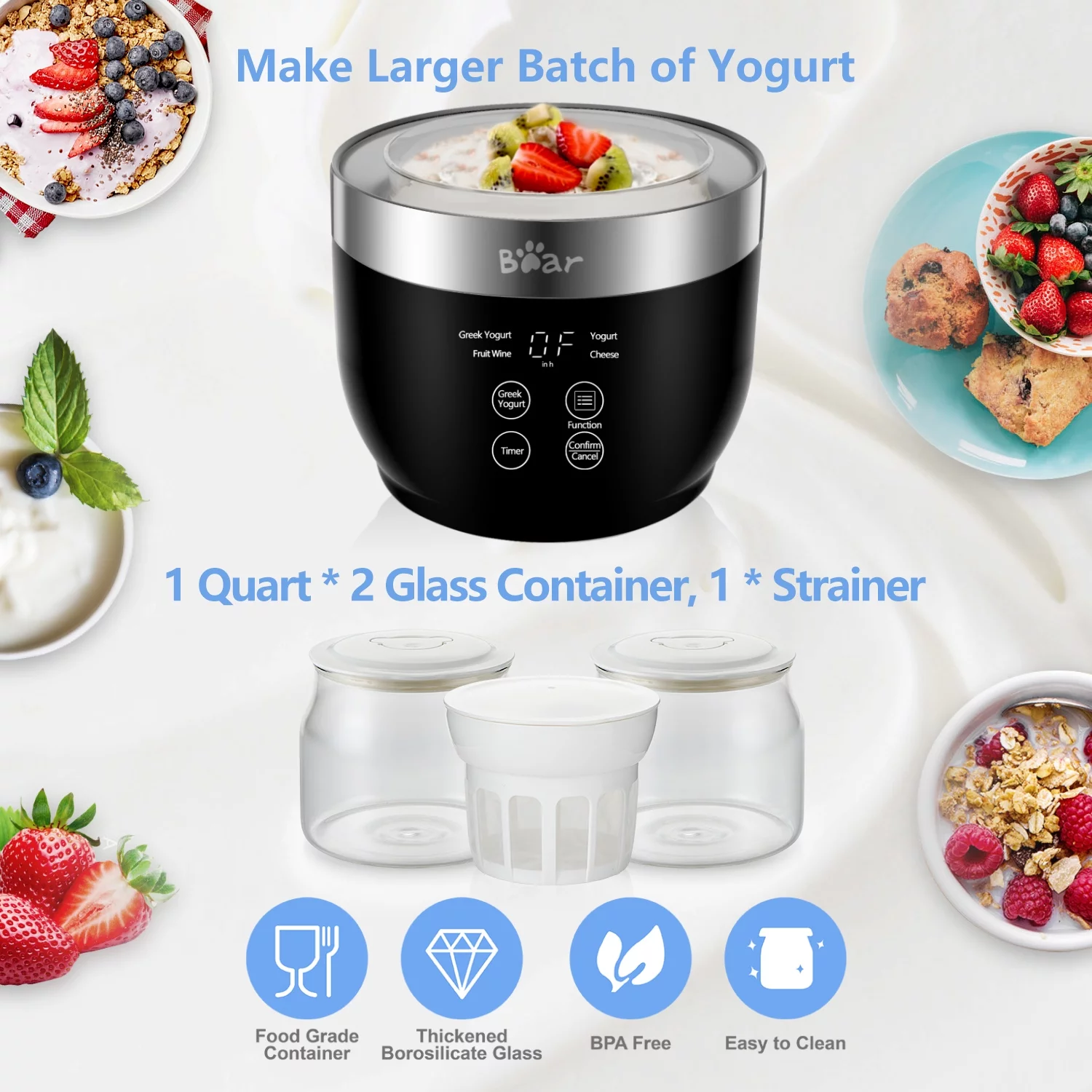 Bear Digital Greek Stainless Steel Yogurt Maker 2 *1QT Glass Jars