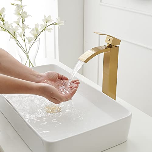 Brushed Nickel Vessel Sink Faucet, Waterfall Bathroom Faucets, Tall Spout Single Handle Single Hole Bathroom Faucets with Pop Up Drain and Without Overflow Basin Faucet Supply Line