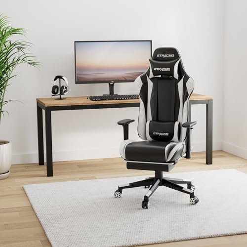 GTRACING Gaming Chair with Footrest, Ergonomic Computer Game Desk Chair, Reclining Game Chair Seat Height Adjustment, Swivel Rocker with Headrest and Lumbar (Blue)
