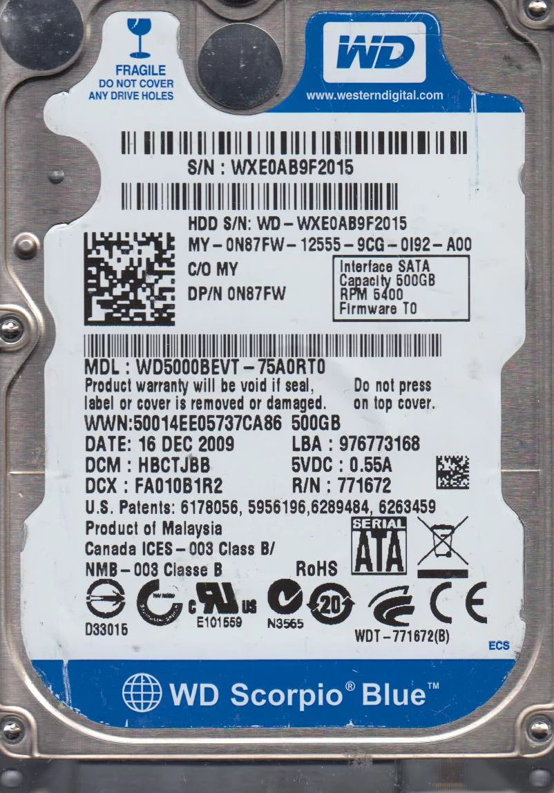 WD5000BEVT-75A0RT0, DCM HBCTJBB, Western Digital 500GB SATA 2.5 Hard Drive