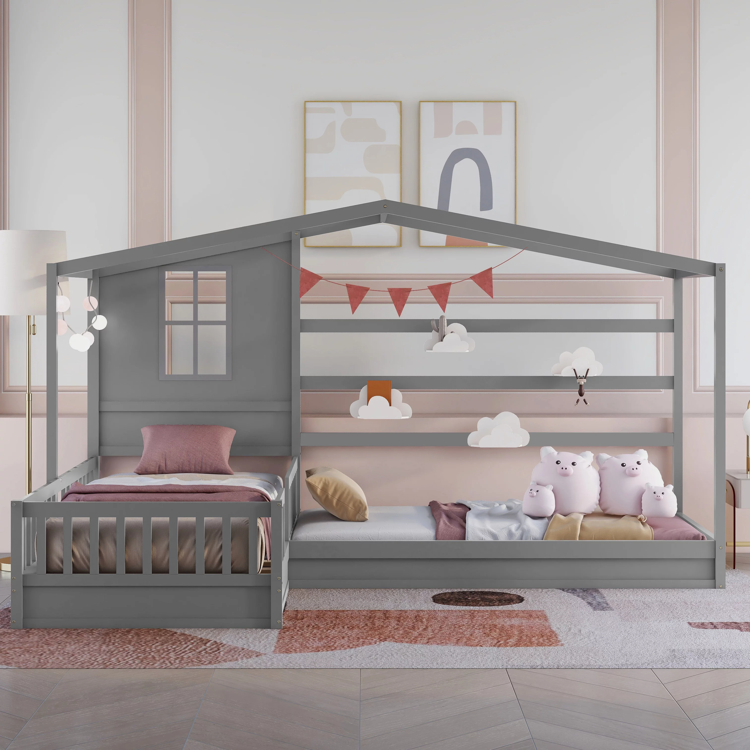 Bellemave House Beds for 2 Kids, Wood L-Shape Twin Bed Frame with Roof and Fence Railings, Double Twin Size Montessori Bed for Toddler Girls Boys Teens (Grey)