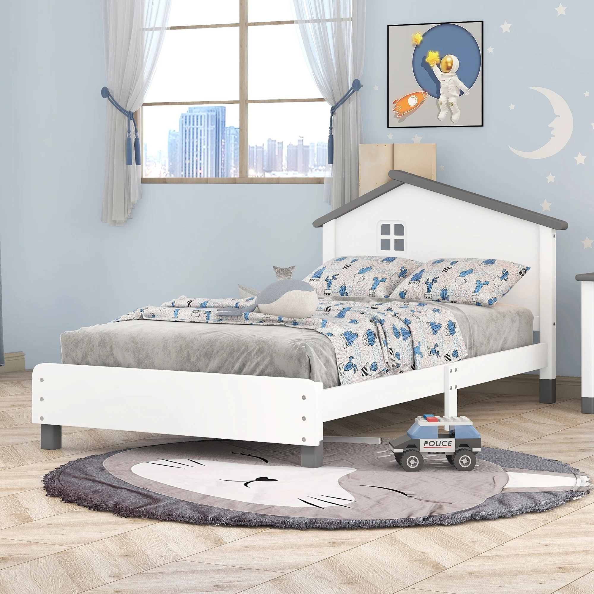 LYPER Twin Size Wood Platform Bed with House-shaped Headboard (White+Gray)