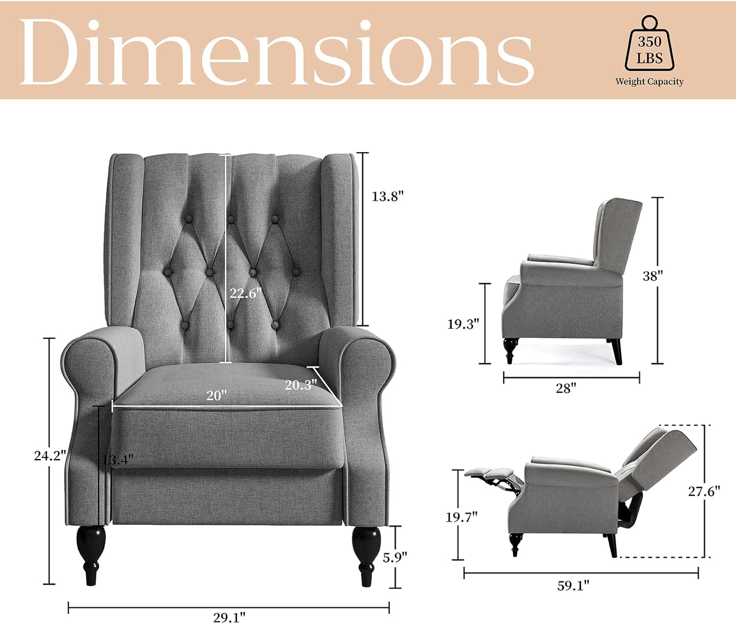 Wing Back Recliner Chair for Living Room, High Back Upholstered Recliner Chairs for Adults, Tufted Accent Lounge Armchair Single Sofa Chair, Dark Gray
