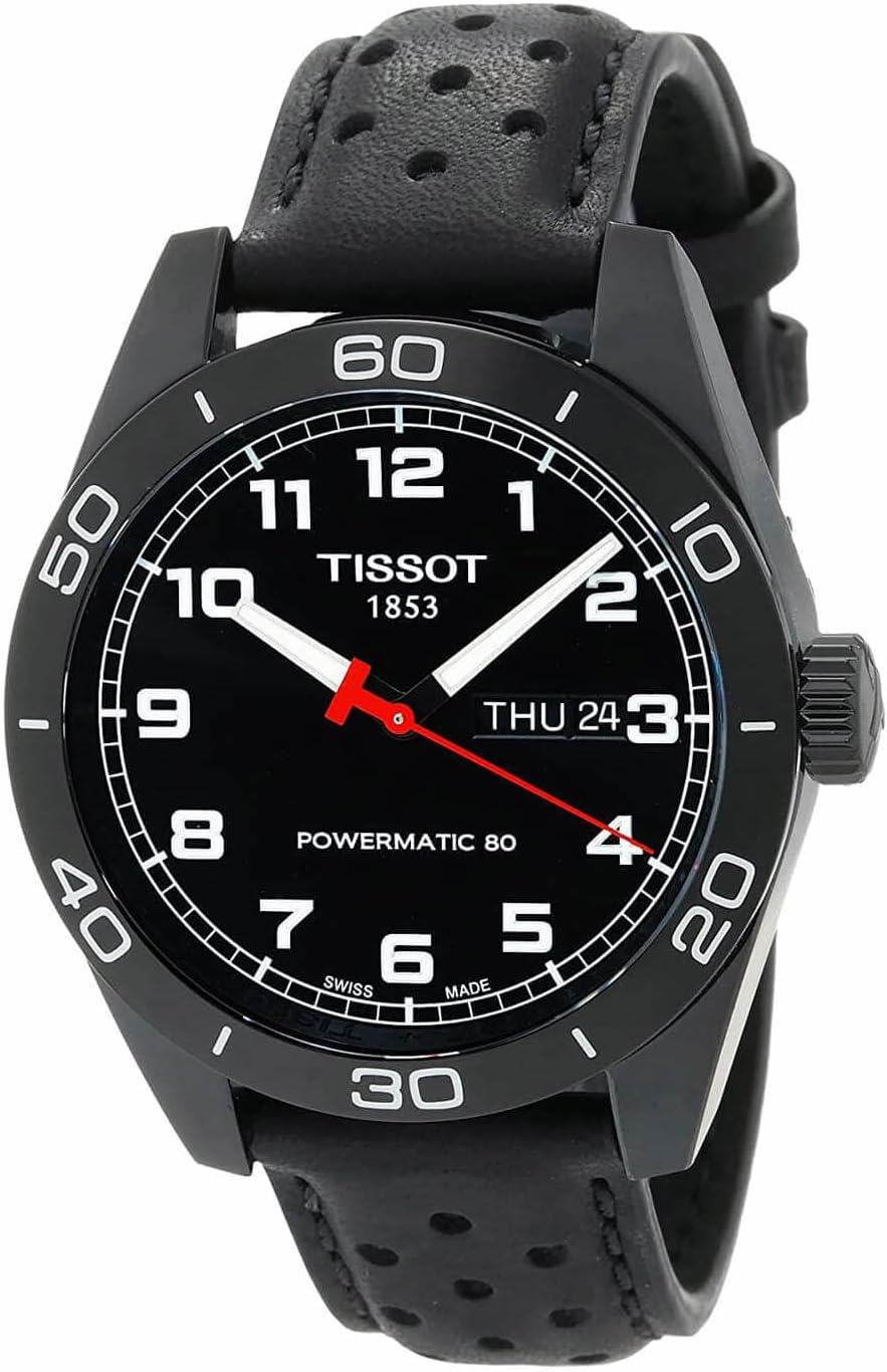 Tissot Mens PRS 516 Powermatic 80 316L Stainless Steel case with Black PVD Coating Automatic Watch, Black, Leather, 20 (T1314303605200)