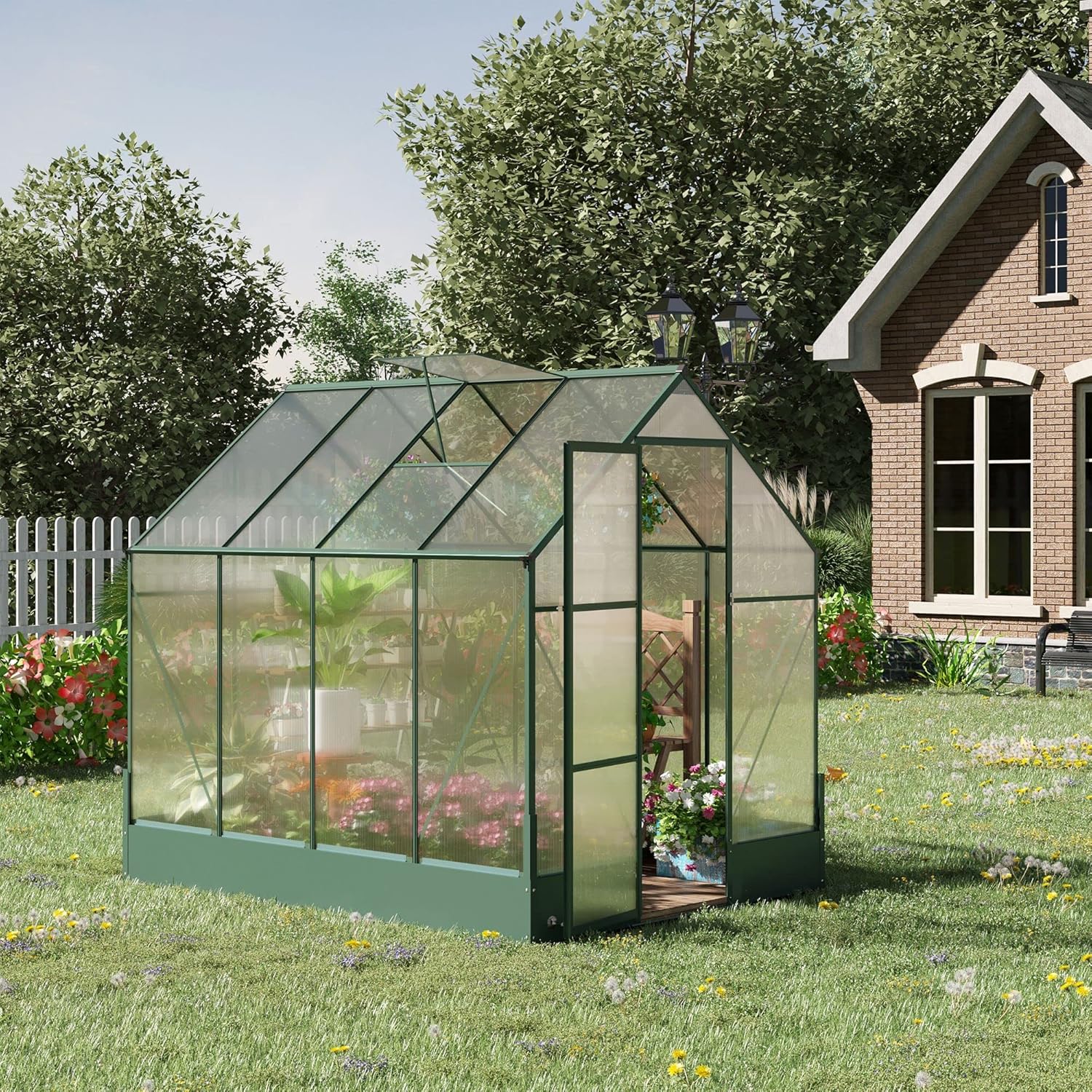 Outsunny 6' x 8' x 7' Walk-in Plant Polycarbonate Greenhouse with Temperature Controlled Window Hobby Greenhouse for Backyard/Outdoor