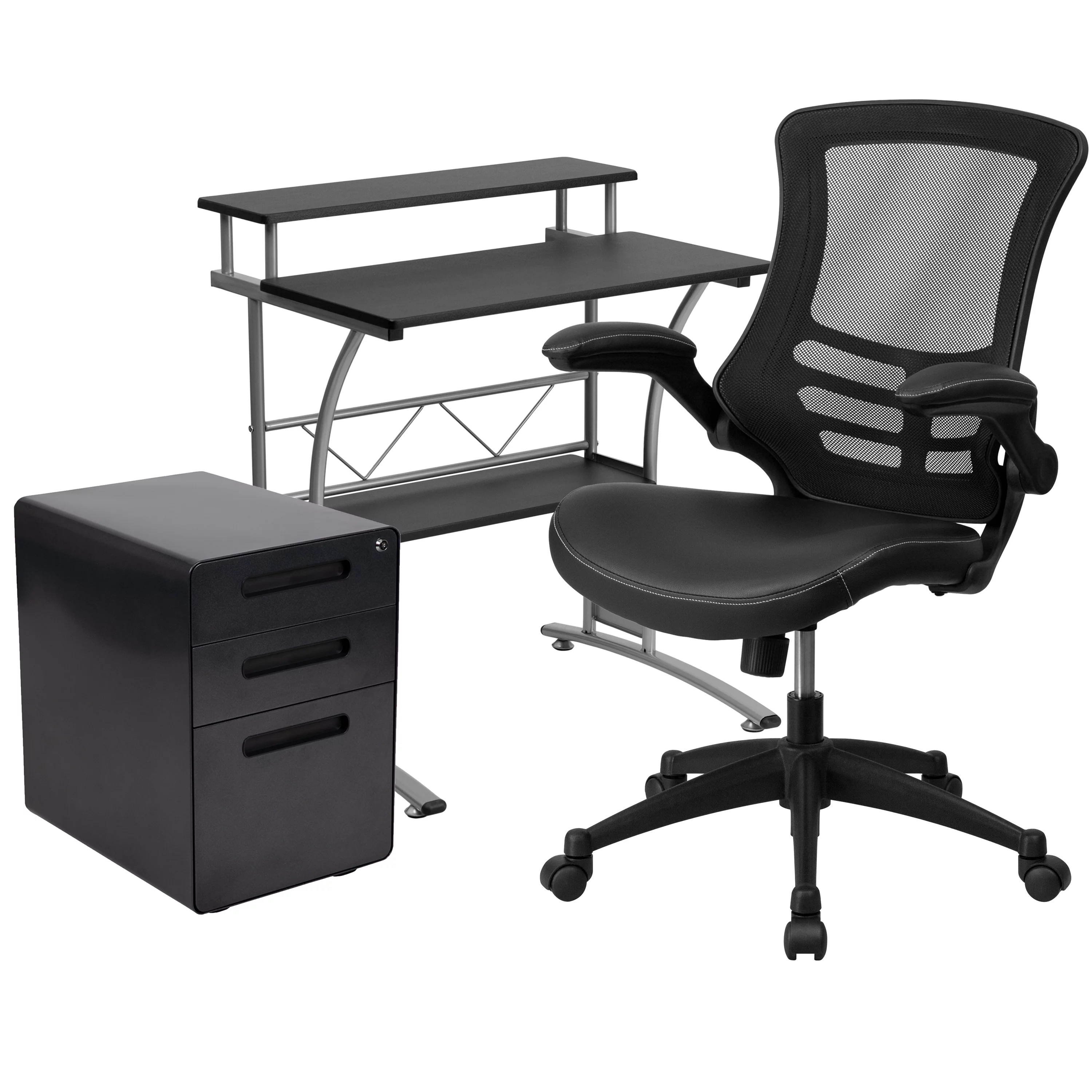 Flash Furniture Calder Work From Home Kit - Black Computer Desk, Ergonomic Mesh/LeatherSoft Office Chair and Locking Mobile Filing Cabinet