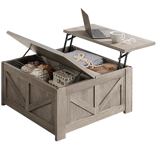 Yaheetech Lift Top Coffee Table, Square Farmhouse Coffee Table with Hidden Storage Compartment, Wood Center Table for Living Room, Home Office, Gray