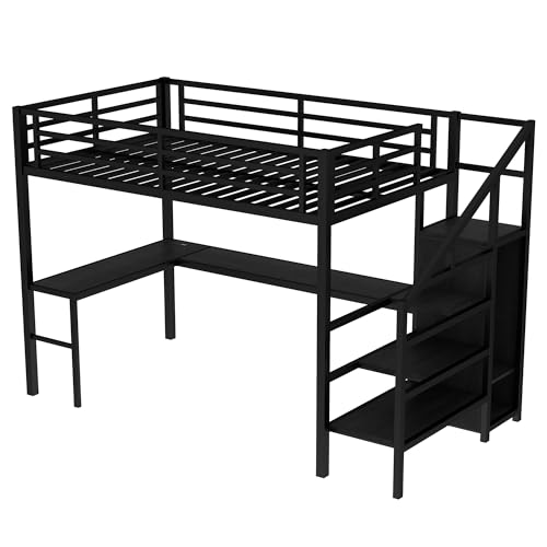 Bed Frames Full Size Loft Bed with L-shaped Desk and USB Heavy Duty Metal Gaming Loft Bed Full with Wardrobe and Adjustable Shelf with Storage Shelves Safety Guard and Ladder for Kids Teens and Adults