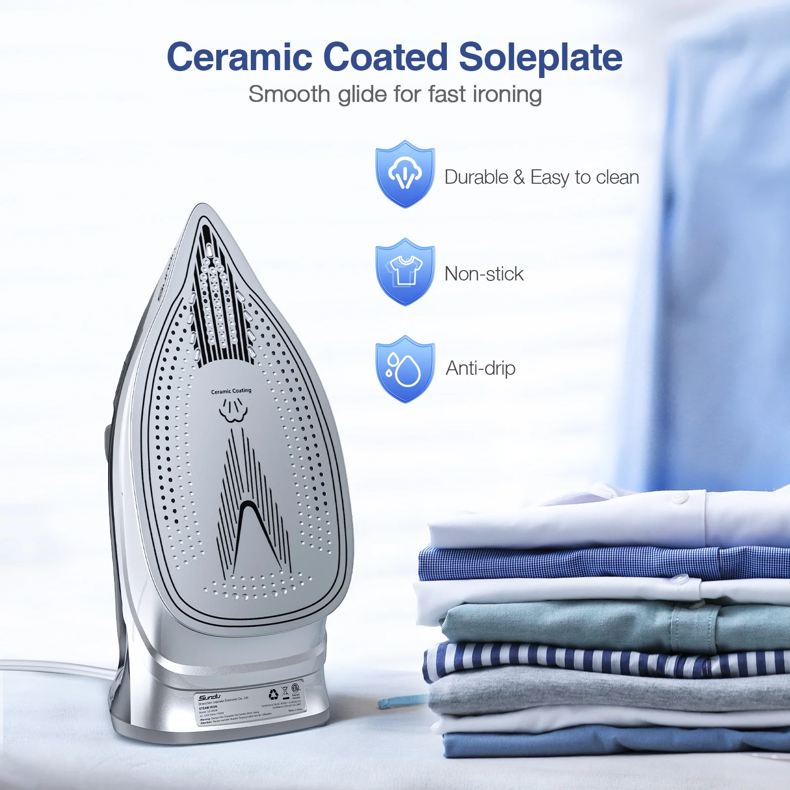 Sundu 1700W Steam Iron for Clothes with Rapid Heating Ceramic Coated Soleplate, Steam Iron with Precise Thermostat Dial, Self-Clean, Auto-Off, 10.14oz Water Tank, for Home Clothes Ironing Use, Blue