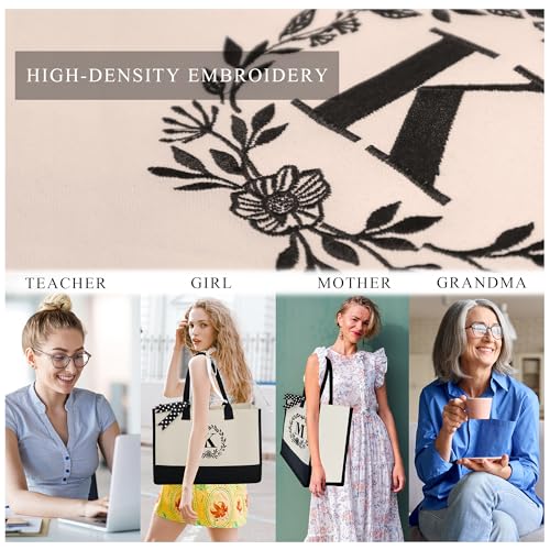 BeeGreen Mother's Day Gifts Personalized Women's Large White and Black Canvas Tote Bag, Embroidered Initials, Leather Handle, Zipper Closure