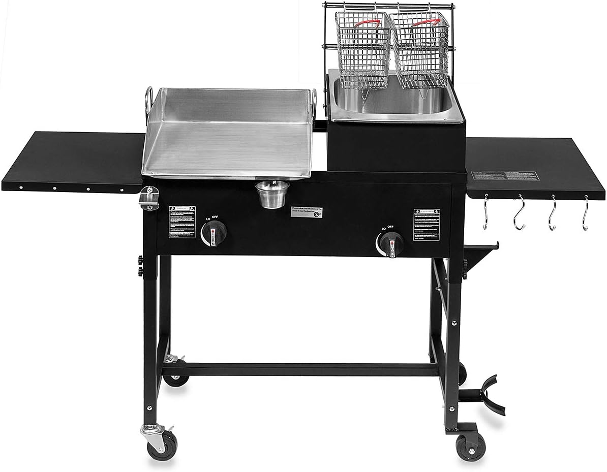 Barton 58,000 BTU Outdoor Dual Burner Stove Deep Fryer with 2-Side Shelves Propane Backyard Camping Cooking Range Wheels