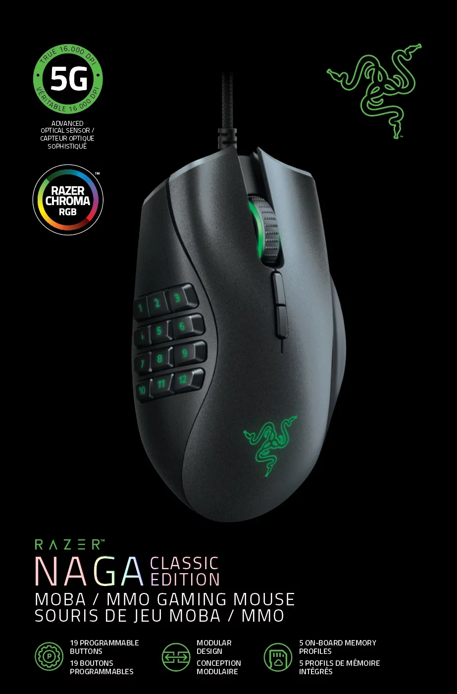 Razer Naga Classic Edition Wired Optical MMO Gaming Mouse, 12-Buttons, Chroma RGB, Black