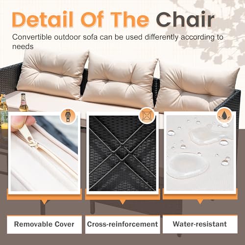 Devoko Outdoor Patio Furniture 3-Piece Rattan Waterproof Outdoor Sectional Sofa All-Weather L Shaped Patio Couch with Cushion Glass Table for Balcony, Garden (Beige)